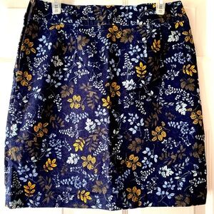 Talbots Navy Blue Gold Olive Leaf Branch Pattern Stretch Corduroy Skirt Size 8